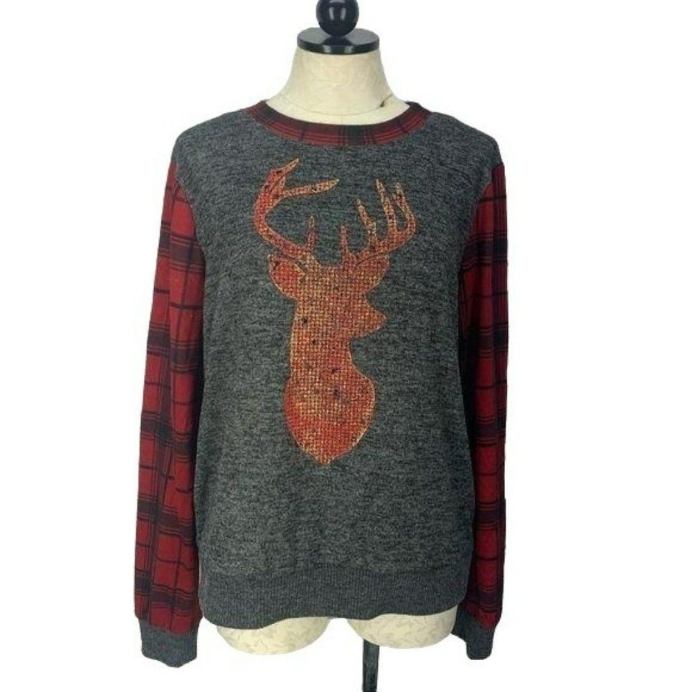 Boutique Tru Self Woman's‎ Gray Red Plaid Deer Long Sleeve Shirt Size XL